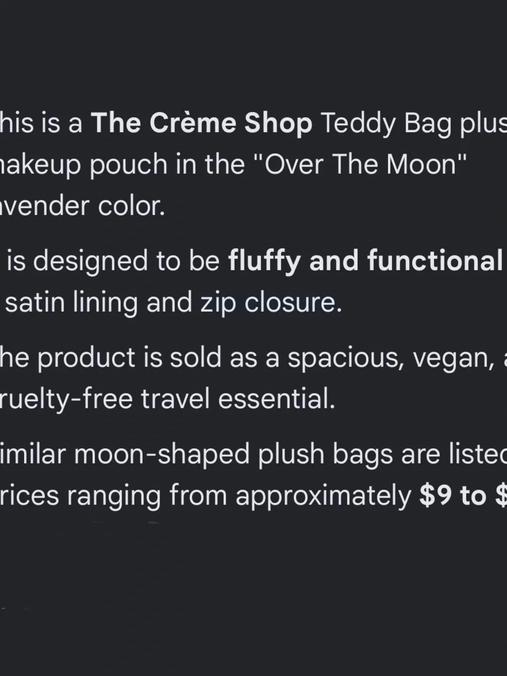 Crème Shop NWT Lavender Plush Crescent Teddy Makeup Bag by